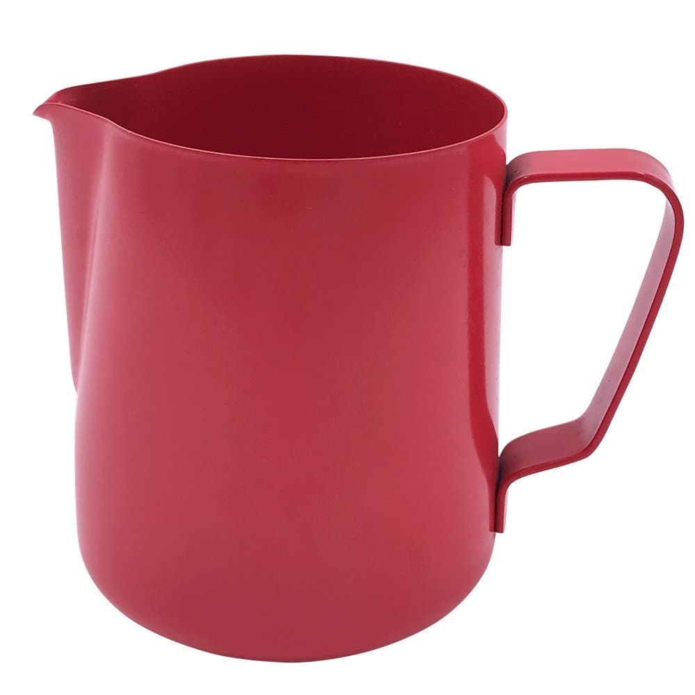 WINGKIN Frothing Pitcher Red Teflon, Unique Milk Cup Latte Art 20 oz for Barista Coffee Shop Restaurant Bakery Roster Catering