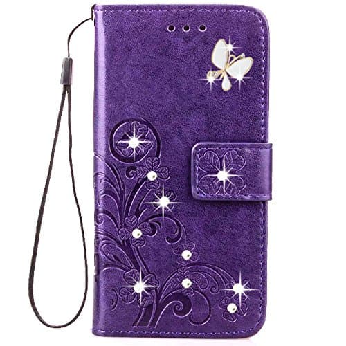 HAOTP Galaxy S9 Plus Wallet Case, 3D Handmade Bling Crystal Rhinestone Butterfly Floral Lucky Flowers Embossed PU Flip Stand Card Slots Holders Leather Case for Samsung Galaxy S9 Plus (Bling/Purple)