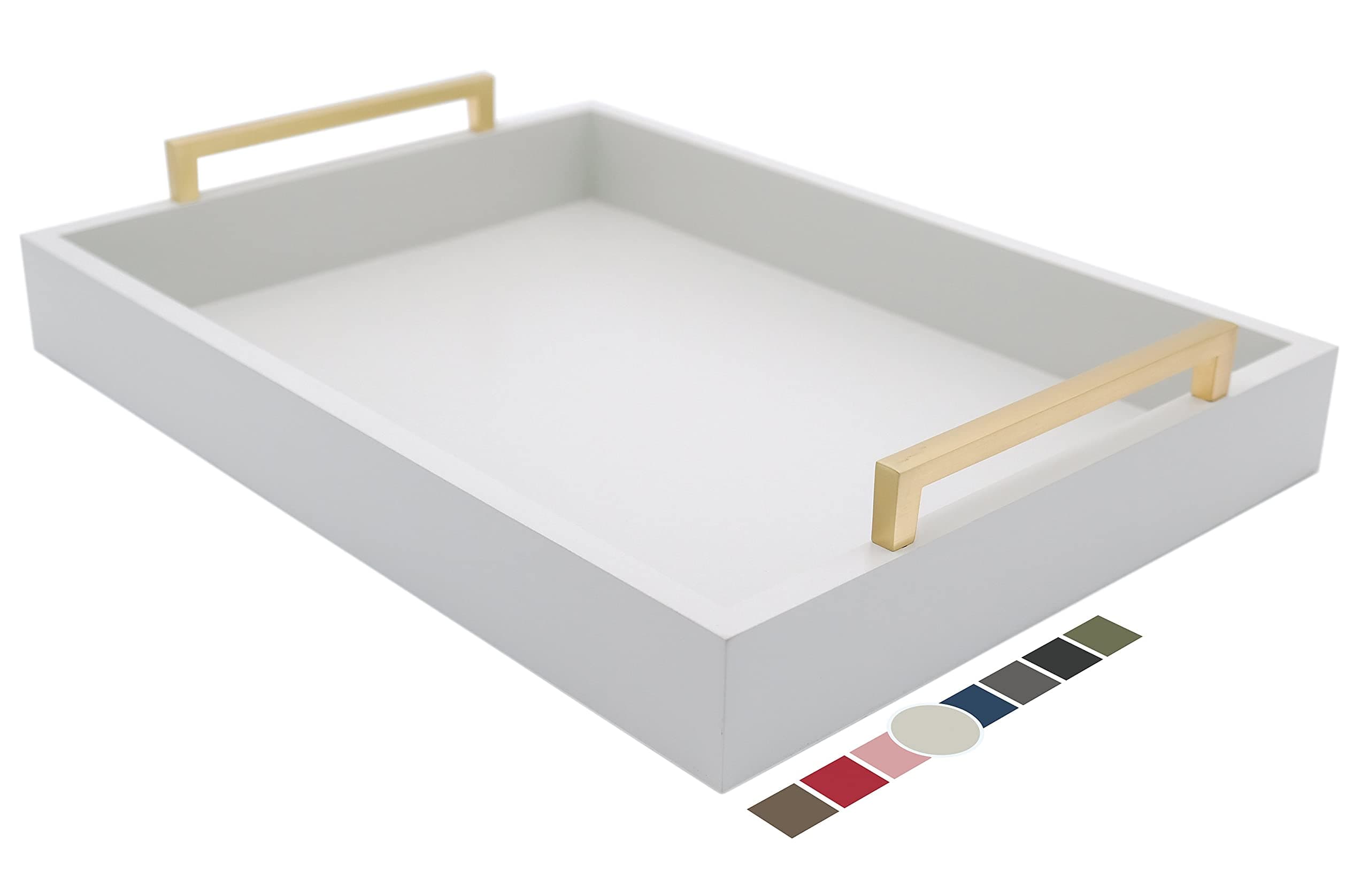 Decorative Coffee Table Tray - Ottoman Tray - Breakfast, Drinks, Liquor Serving Platter - from Farmhouse to Modern - Matte Finish - Champagne Gold Handles - Harbor Gray