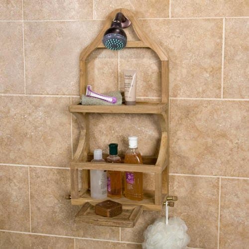 Teak Shower Caddy Bathroom Shelf Wall Storage Rack Bath Organizer Holder Shelves with Removable Soap Dish