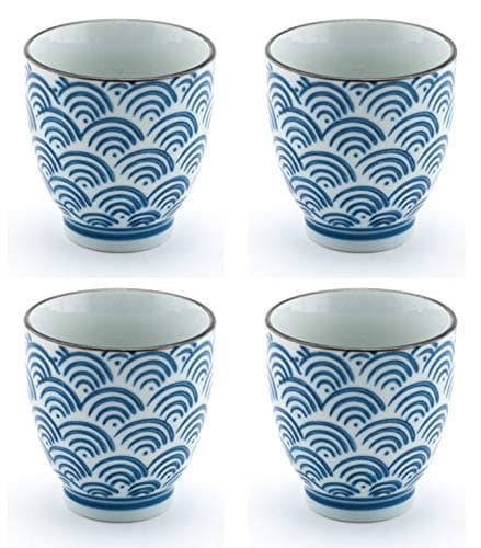 Japanese Style Porcelain Wave Crest Pattern Seigaiha Design Ceramic Tea Cup Set Pack of 4