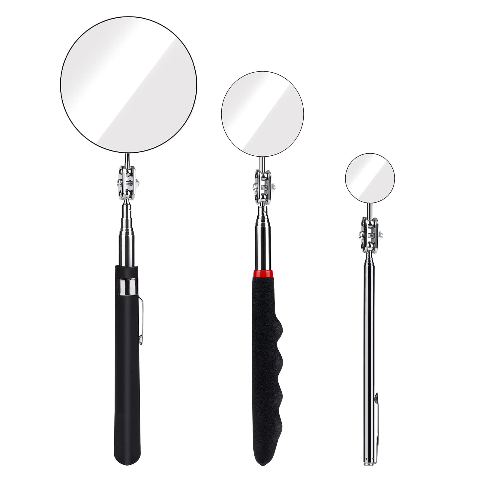 SAVITA 3 Sizes Telescoping Inspection Mirror Set Extendable Retractable Telescopic Inspection Mirror Kit, 1.18/1.96/3.34 inch Diameter 7-23/9-21/10-29 inch Handle, Small Large Dental Lash Mirror