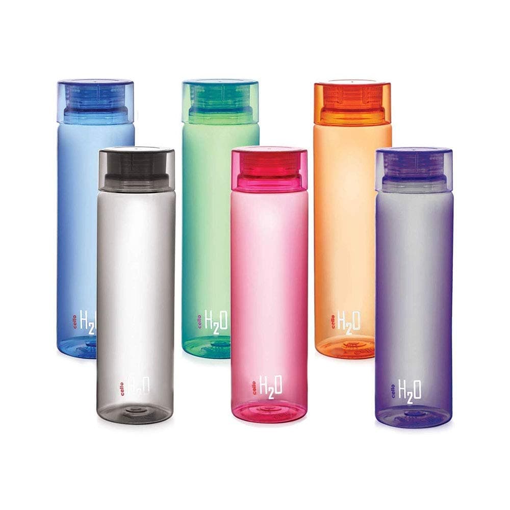 H2O Round Unbreakable Plastic Water Bottle | Lid is sealed by a silicone ring Best Usage for Office/School/College/Gym/Picnic/Home/Fridge | 1 Liter | Assorted, Set of 6