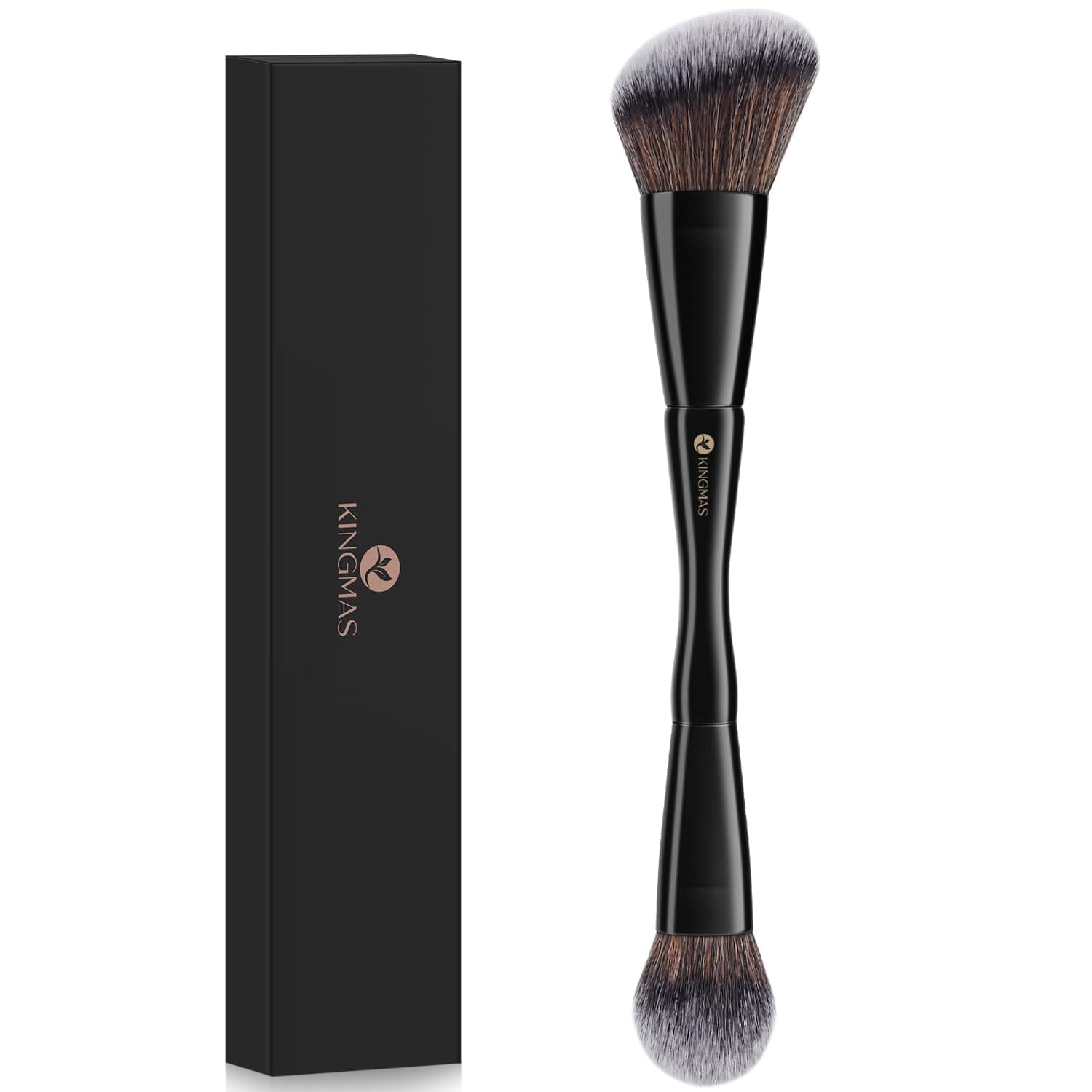 KINGMAS Foundation & Bronzer Duo Brush, Double-sided Beveled and Round Contour Brush, Synthetic Bristles for Blending Liquid and Powder Foundation, Concealer, Cream Blush (Black).