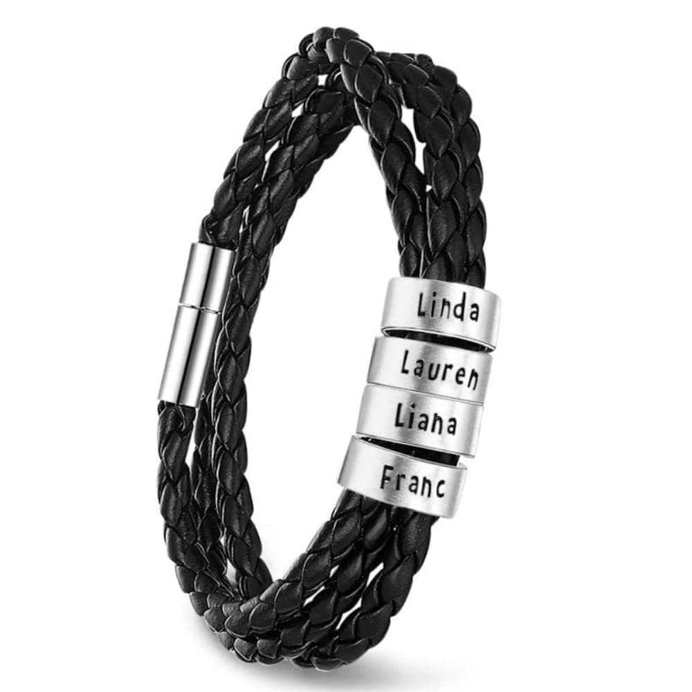 Wendy MadeFathers Day Bracelets for Men Personalized Mens Black Braid Leather Bracelets Custom 2-5 Names Jewelry Gifts for Dad Husband Boyfriend Christmas Birthday
