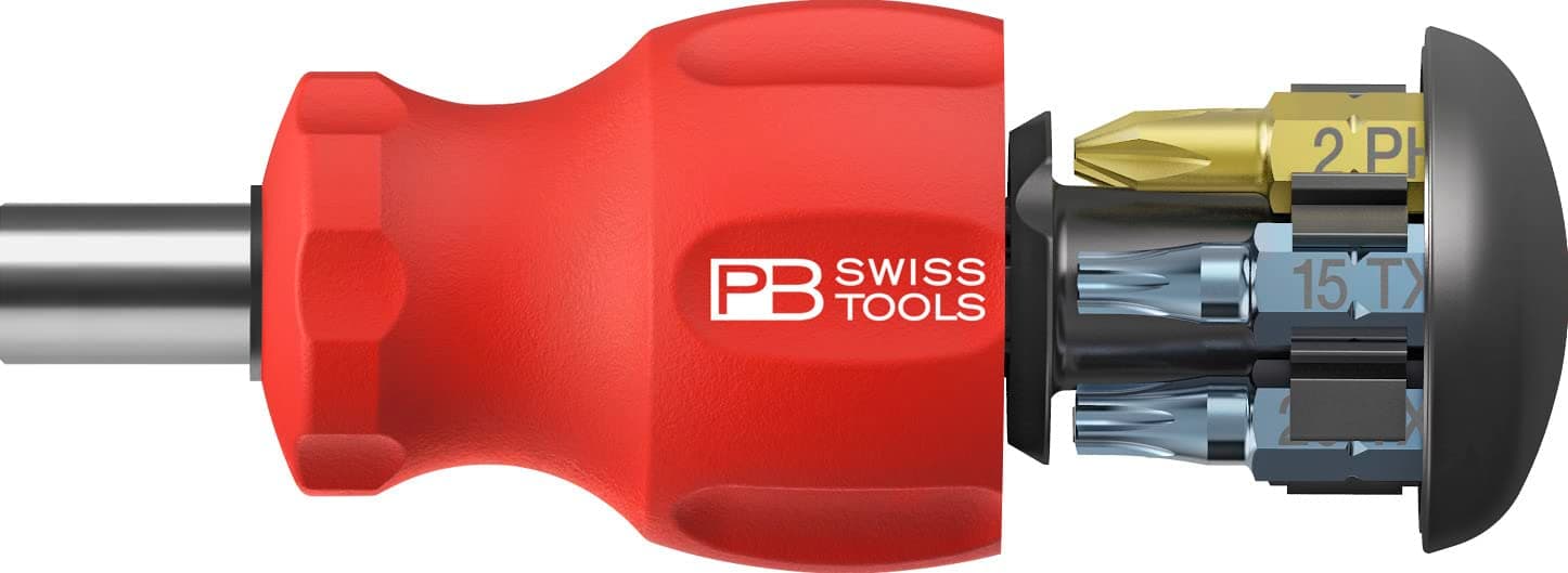 PB Swiss Tools Bit Holder Screwdriver PB 8453 | 100% Swiss Made | Stubby Screwdriver with Sliding Magazine, 6 Precision Bits C6 Slotted/Cross/Torx and Magnetic Bit Holder