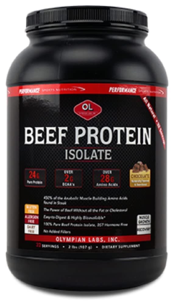 Olympian Labs Beef Protein Isolate Powder, 24g Protein, BST Free, 2 Grams BCAA's, Muscle Building Amino Acids, 32 Ounces, Flavored with Real Chocolate