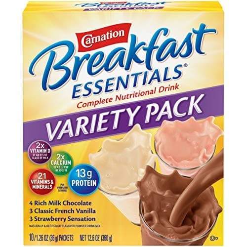 Nestle Carnation Breakfast Essentials Complete Nutritional Drink Rich Milk Chocolate/Classic French Vanilla/Strawberry Sensation Flavor 10 Ct