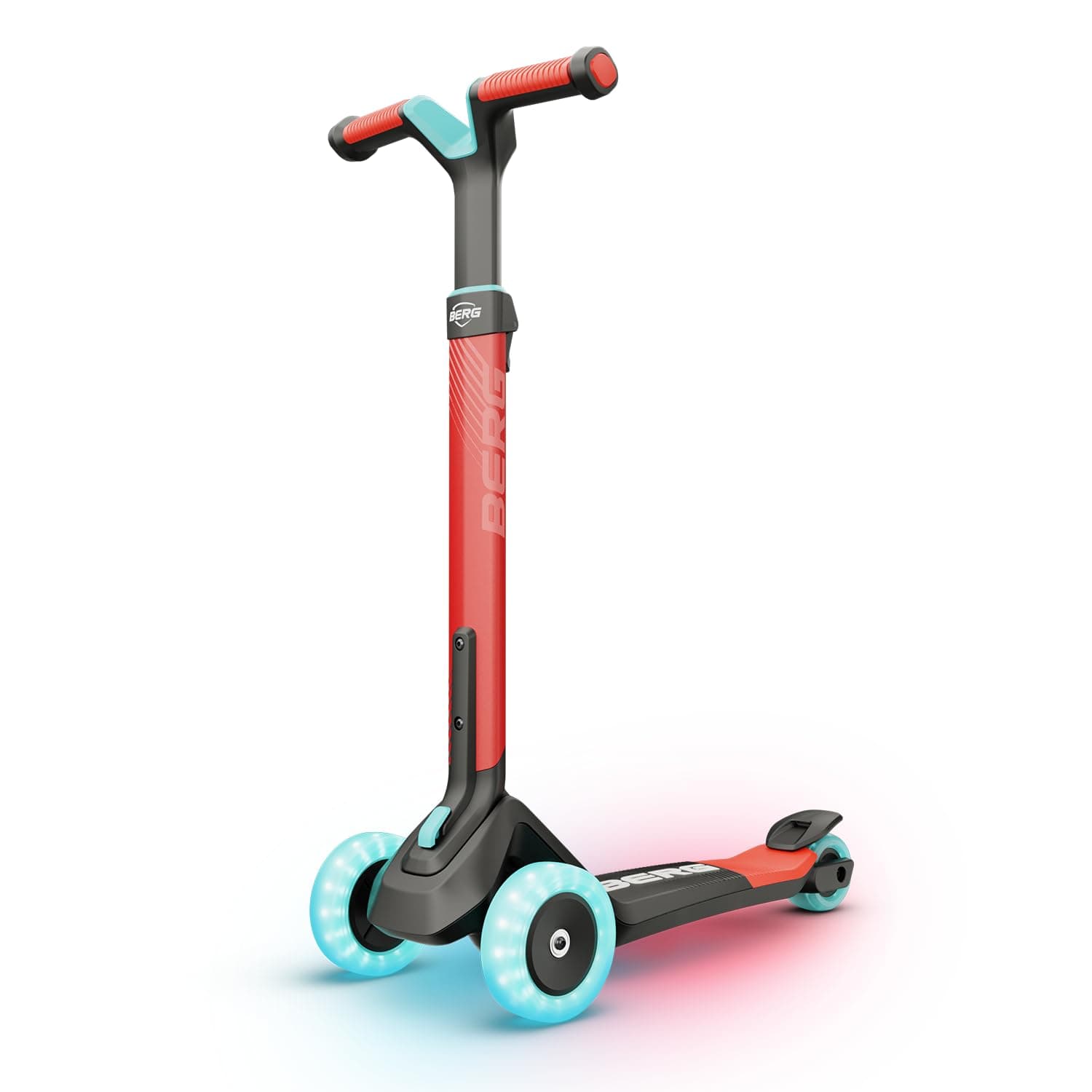 BERG Nexo Foldable Scooter with LED Deck Red 3-Wheel Kick Scooter for Kids Ages 2 to 12 Adjustable Handlebar Foldable Frame and Light-Up Wheels for Safe Indoor Outdoor Riding