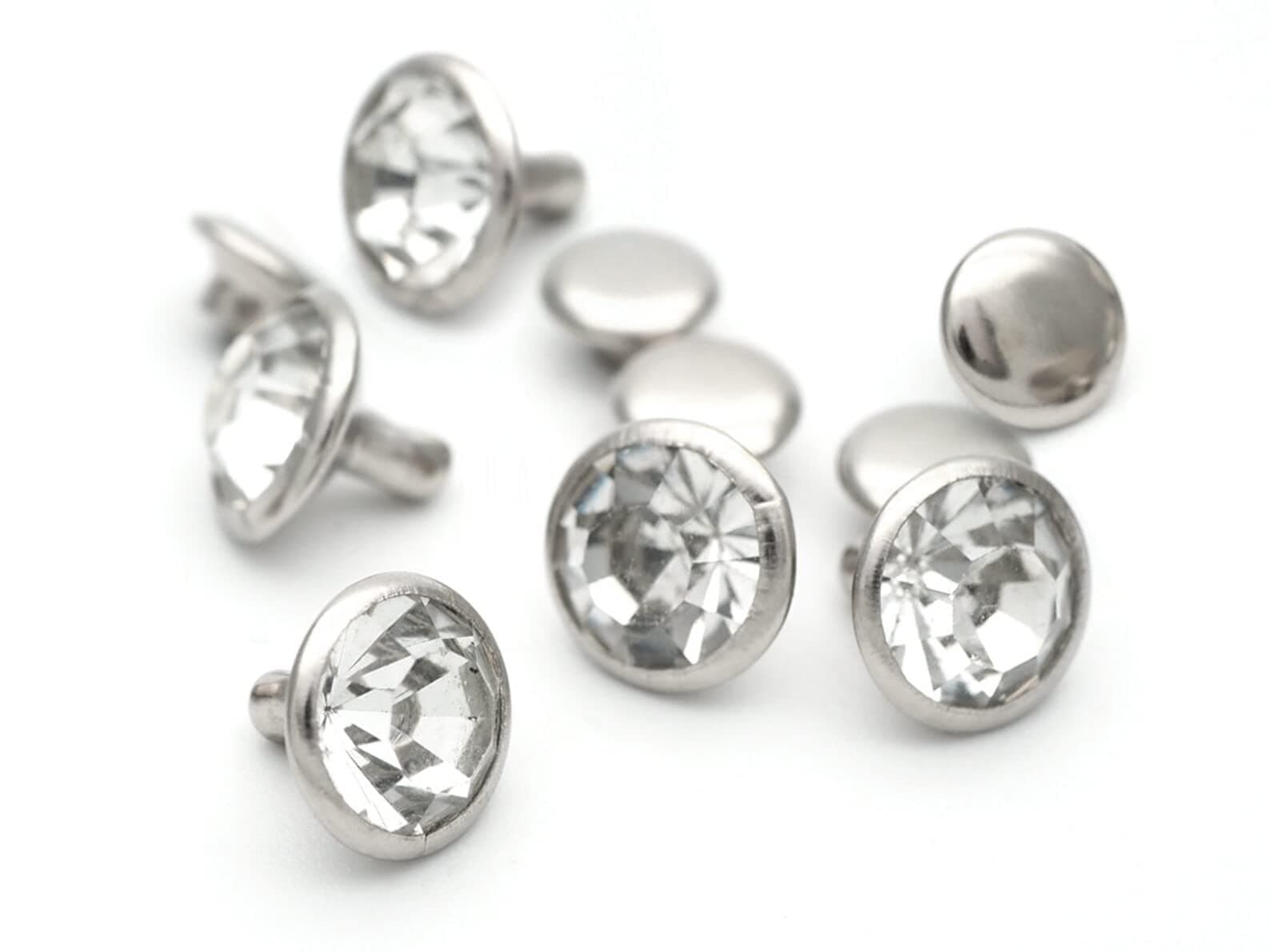 CRAFTMEMORE 50 Sets White Clear Rhinestone Rivets Crystal Rivets Rapid Rhinestone Stud Fit DIY Clothing, Arts & Crafts Decoration (6 mm, Silver Setting)