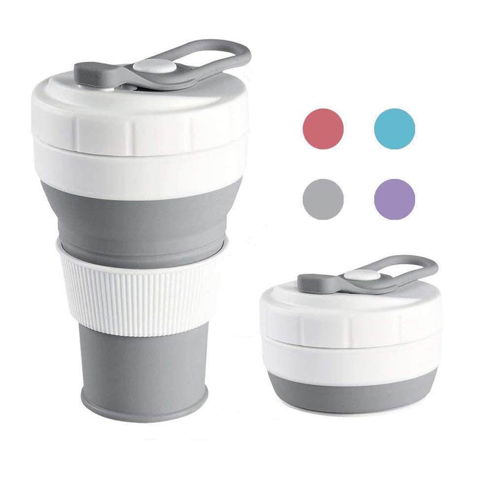 TEAMWIN Collapsible Coffee Cup, Silicone Portable Folding Travel Cup Mug with Leak-Proof Lid for Milk Tea Hot Water Drinks Camping Hiking Outdoors (1-Grey)