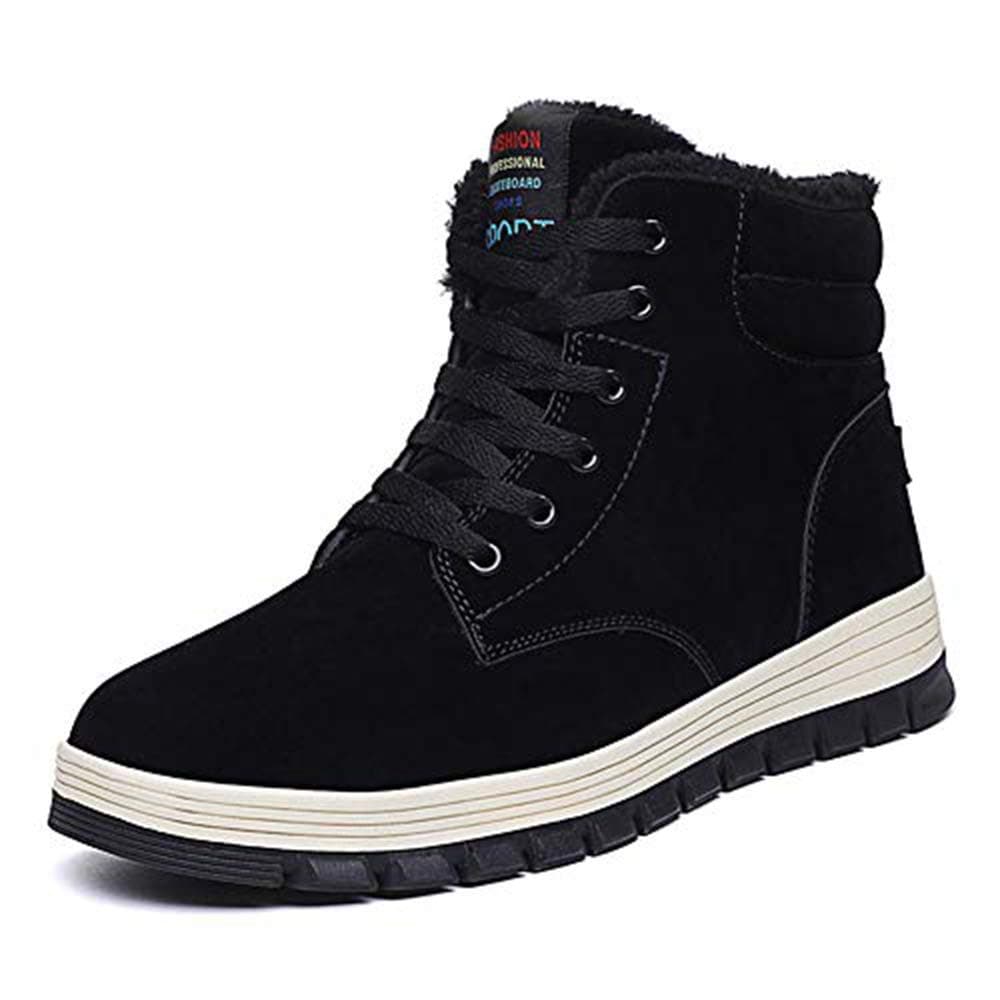 Men Winter Snow Boots Warm Sneaker High Top Antiskid Suede Leather Fur Lined Shoes Black 45