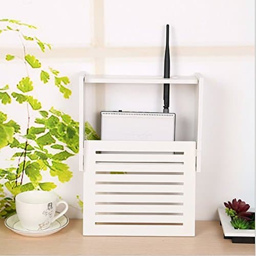Wireless Router Rack Mount Kit Set Top Box Holder Wooden Wall Shelf Gateway Storage Box Free of Punch(Large)