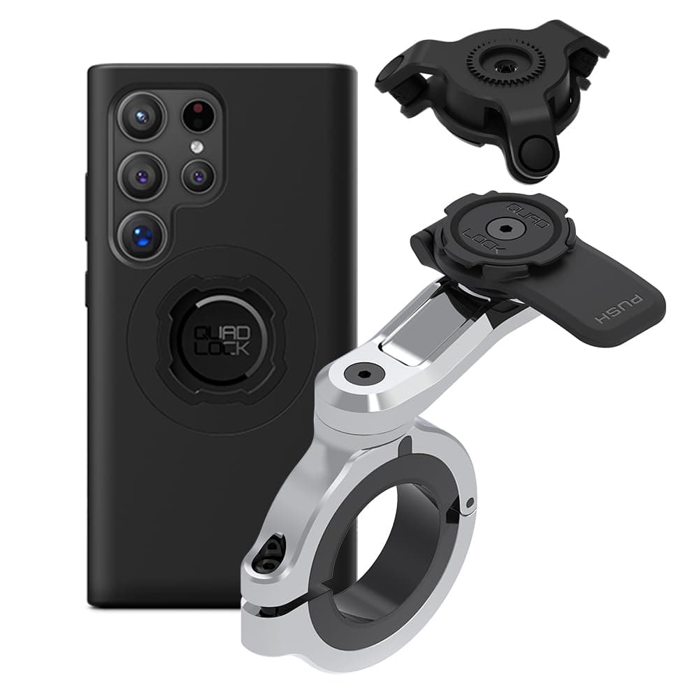 Motorcycle Handlebar Phone Mount PRO Chrome - Large with Vibration Dampener and MAG Phone Case for Galaxy S24 Ultra