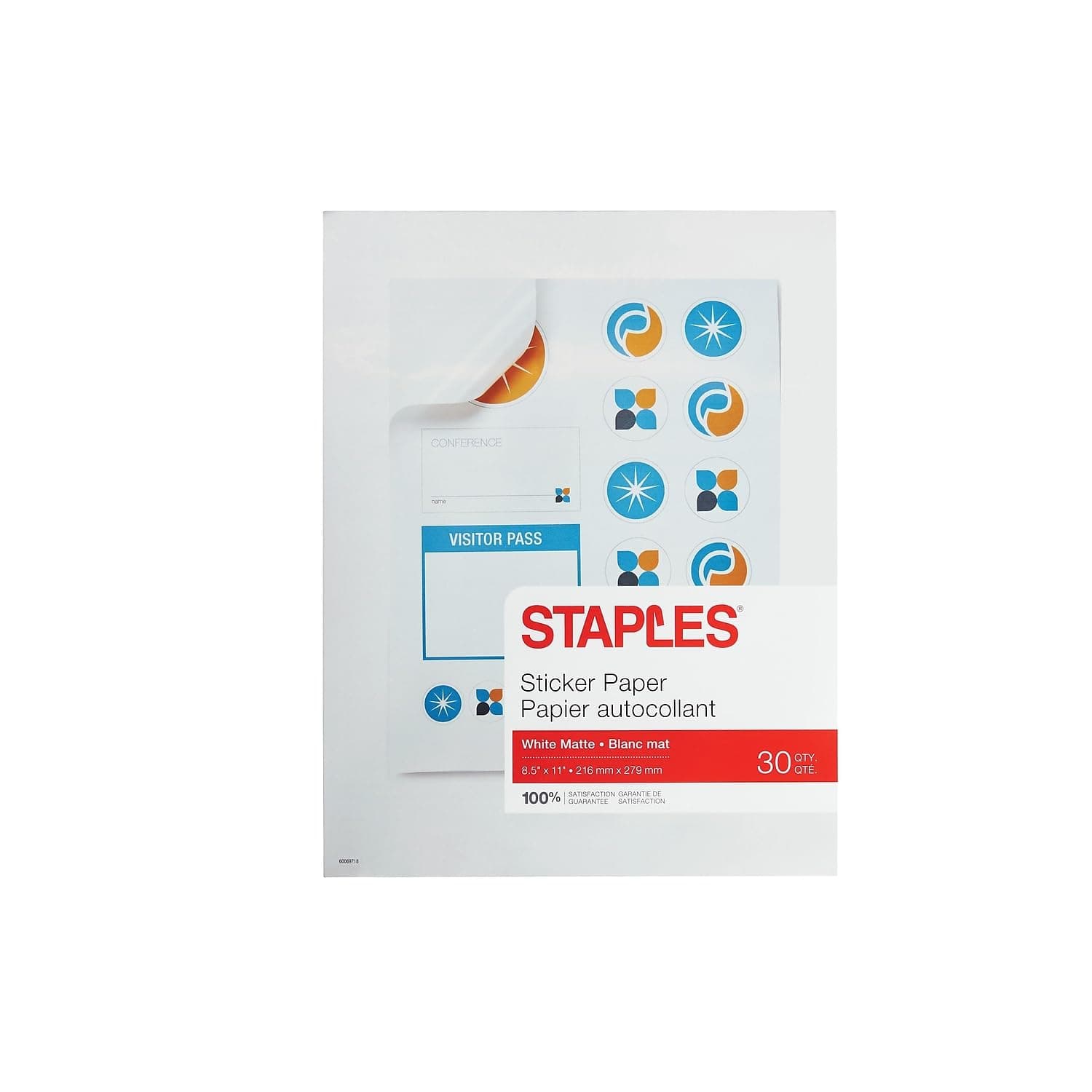 Staples Matte White Sticker Paper 8.5" X 11" (30 Sheets), For Office, School & Home