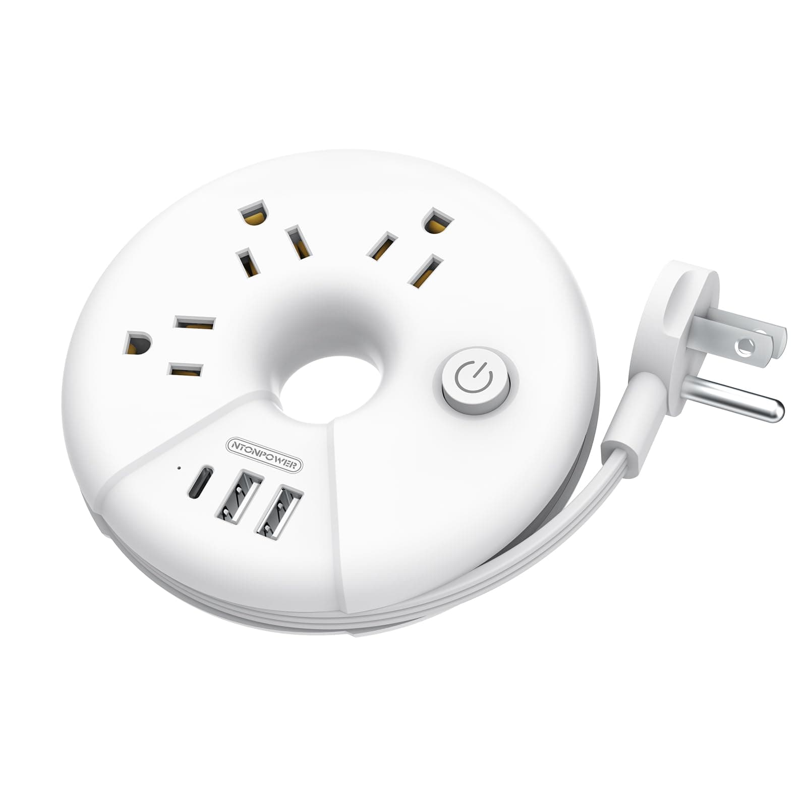 Travel Power Strip, NTONPOWER 3 Outlets 3 USB(1 USB C) Cruise Approved Power Strip, Short Extension Cord 3ft, Travel Essentials for Home, Hotels, Cruise Ship, Vacation, White, i-Donut