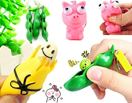 Cocobuy 3 Pack Novelty Squeeze Banana Squeeze-a-Bean Soybean Eye Popper Adult Stress Relief Toy Gift Squeezing Toys Key Chain (Color C)