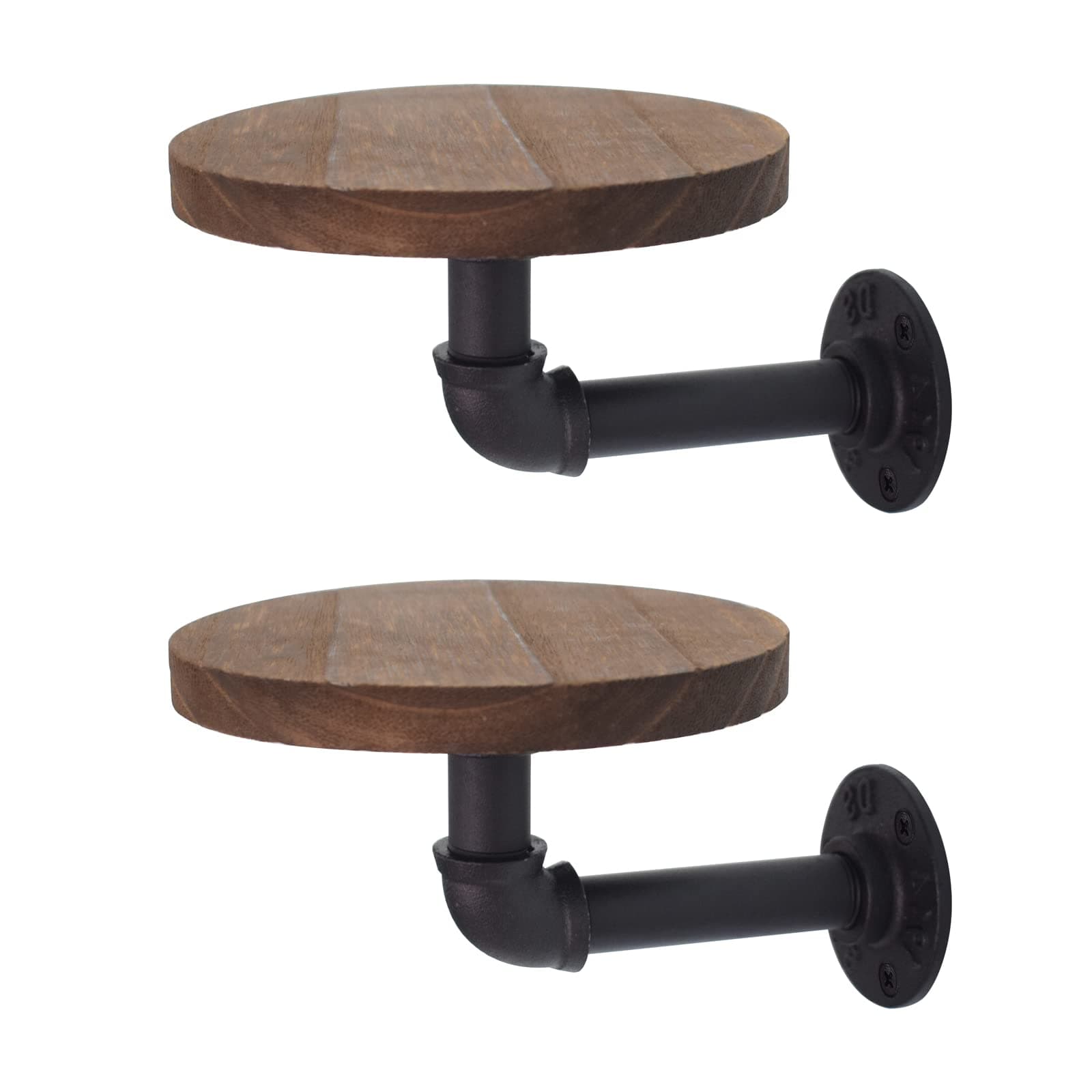 5.9inch Wall Mounted Floating Shelves Round Display Rack with Metal Industrial Pipe Brackets, Rustic Wood Shelving for Bedroom, Bathroom, Living Room, Kitchen, Set of 2