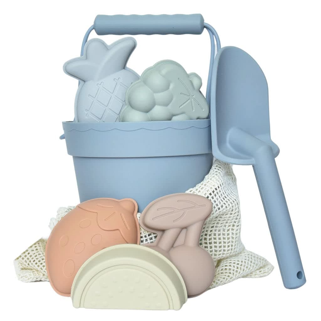 Silicone Beach Toy Set - Eco-Friendly, Easy to Clean, 5 Sand Toy Molds, Shovel & Beach Bag - Beach Toys for Kids Ages 4-8, Toddlers 1-3, Baby Beach Toys - Travel Friendly
