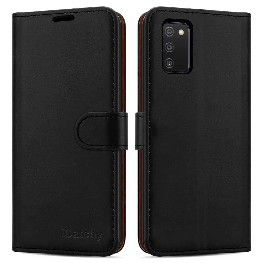 iCatchy for Samsung Galaxy A03S Case Leather Wallet Book Flip Folio Stand View Magnetic Closure with Card Slots Cover (Black)