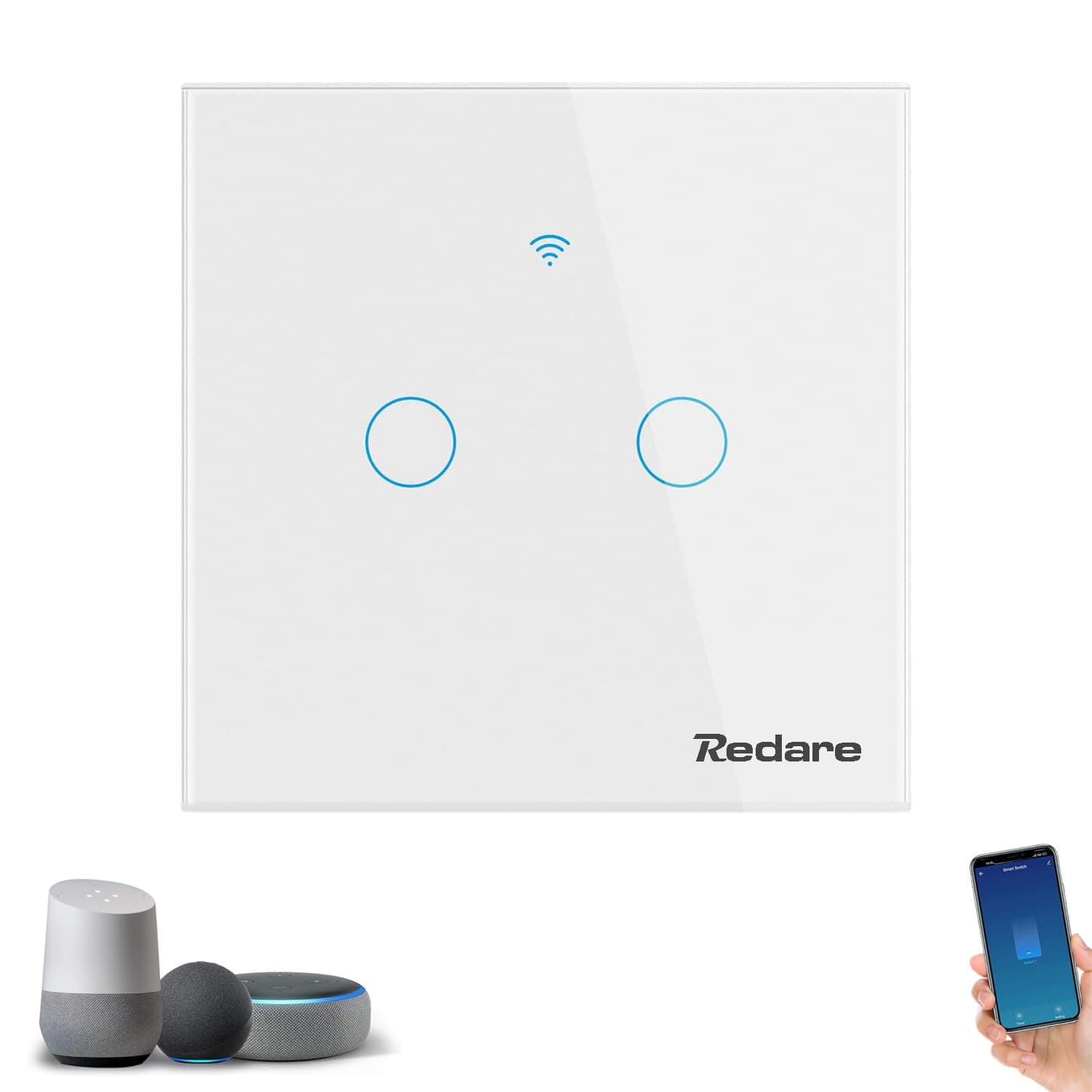 Redare WiFi Smart Wall Light Switch,Wireless Switches,Glass Panel,No Neutral Wire Required,No Hub Required,Compatible with Alexa and Google Home,APP Remote Control Touch Switch,Voice Control (2 gang)