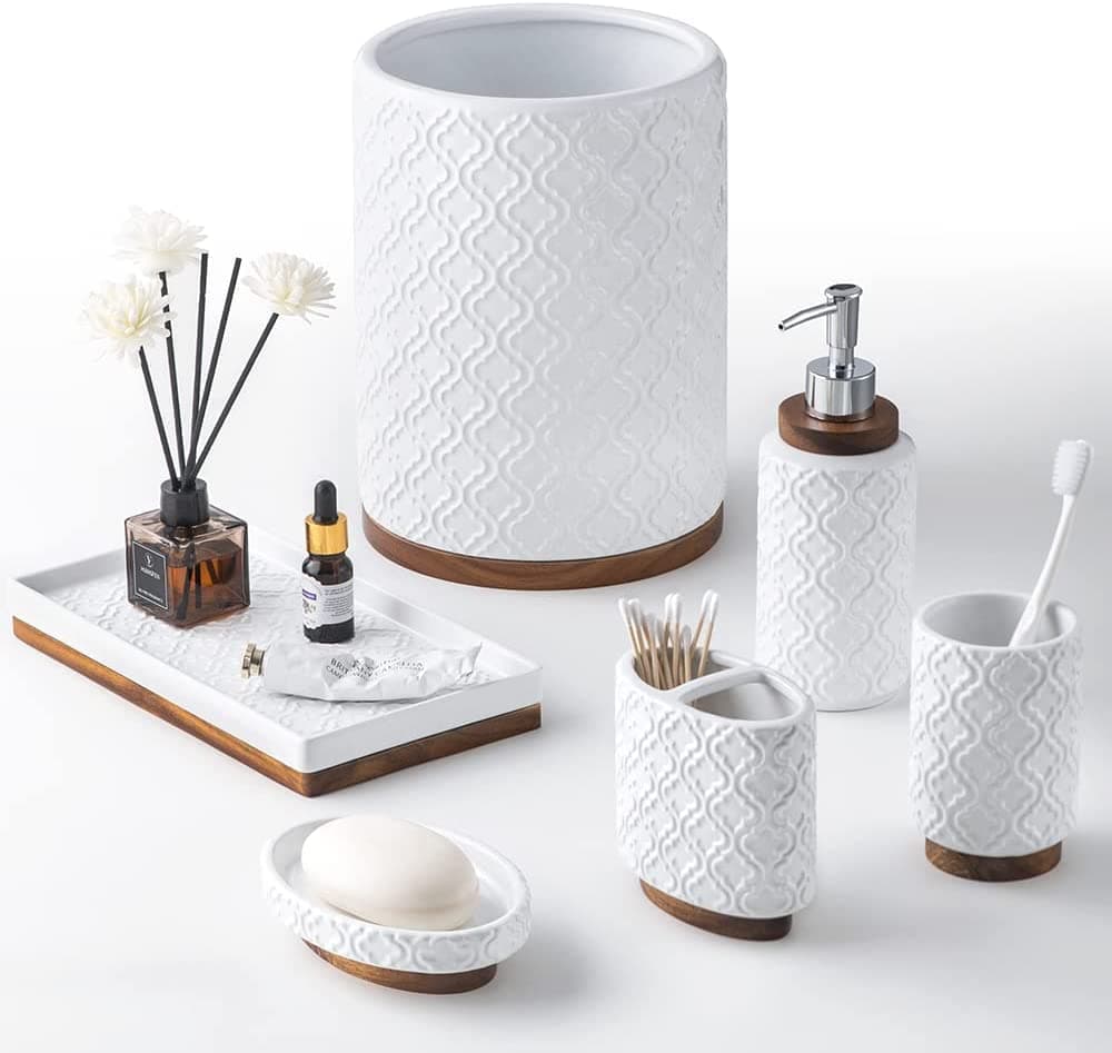 Elegant 6 PCS Ceramic&Wood Bathroom Accessories Set:Soap Dispenser,Toothbrush Holder,Tumbler,Soap Dish,Tray,Trash Can,Easy to Clean,Quatrefoil Pattern,White-Affordable Home Luxury