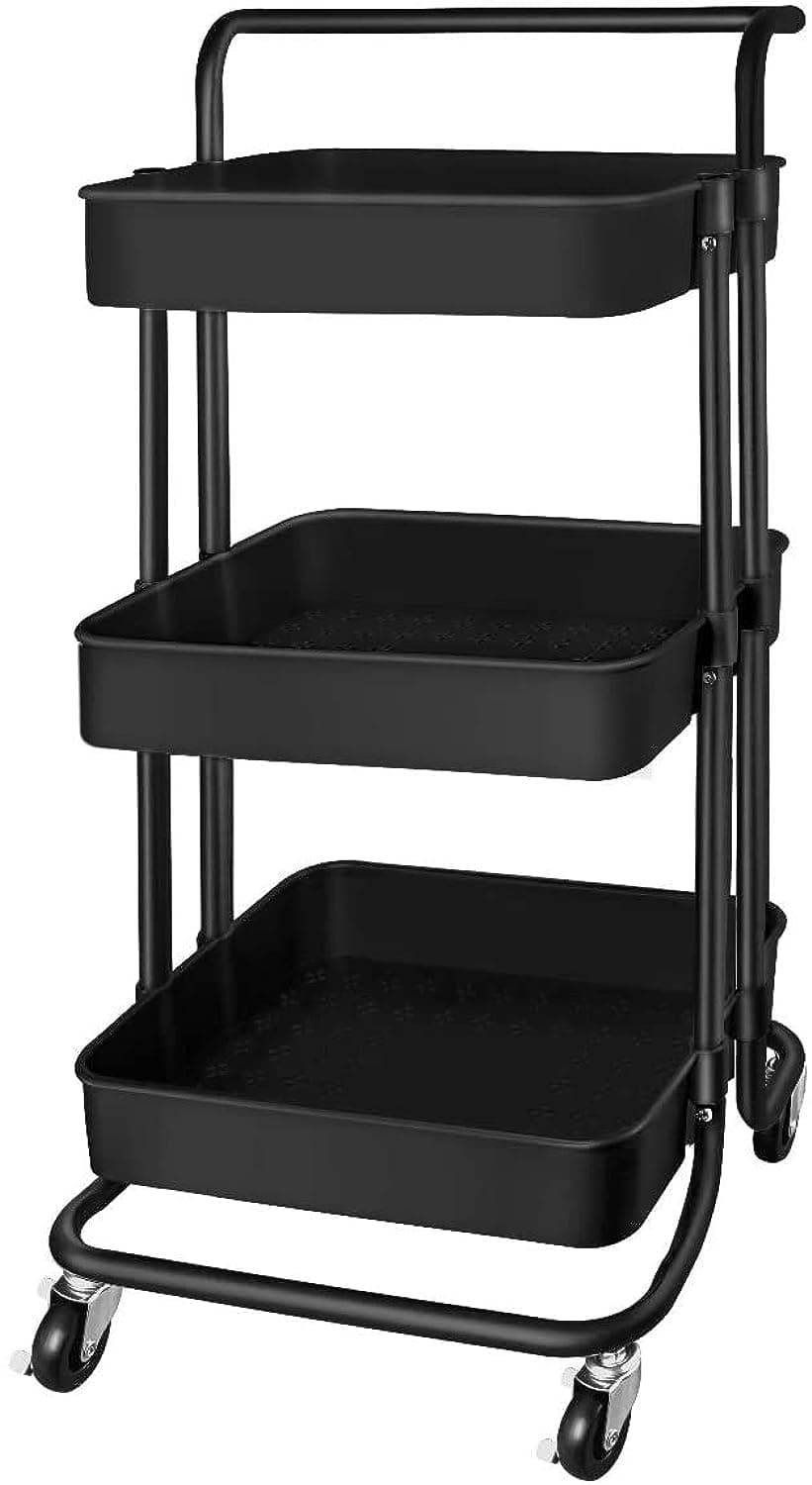 3 Tier Rolling Storage Cart with Wheels Handle, Heavy Duty Mobile Rolling Utility Cart Multifunction Large Storage Shelves Organizer with Mesh Basket for Kitchen, Bathroom, Bedroom, Office, Black