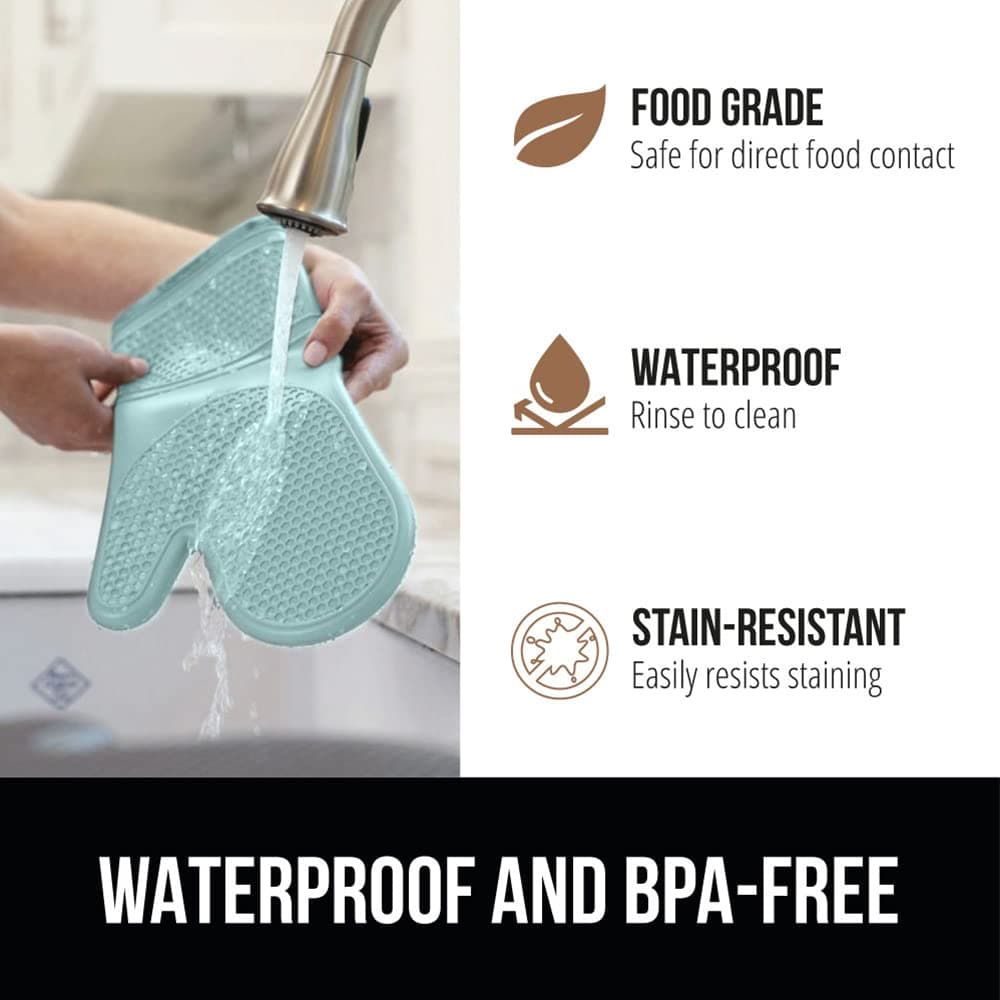 Gorilla Grip Premium Silicone Slip Resistant Oven Mitt Set, Flexible Gloves, Heat Resistant Kitchen Cooking Mitts, Protect Hands from Hot Surfaces, Cookie Sheets, 14.5 Inches, Mint Green Pair Set of 2