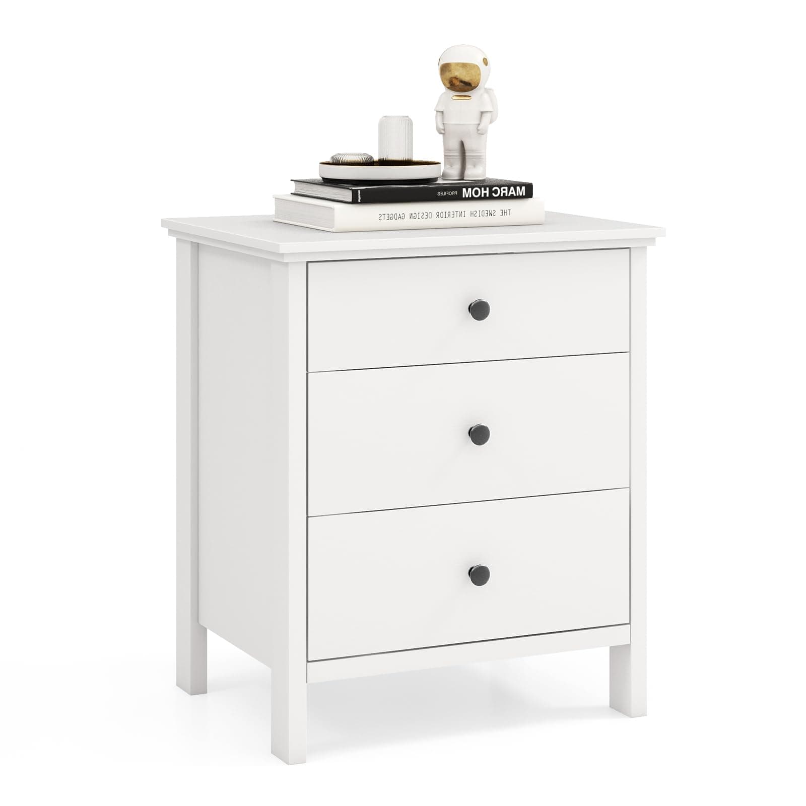 Nightstand with 3 Drawers, Wooden Side End Table with Solid Wood Legs, Retro 3-Drawer Bedside Table Night Stand for Bedroom Home Office Small Space, Easy Assembly, White