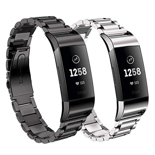 Charge 3 Accessory Bands for Fitbit, SailFar 2PCS Stainless Steel Metal Replacement Bracelet Strap Wrist Smart Watch Band for Fitbit Charge 3 HR, Small/Large, Men/Women(Black + Silver)
