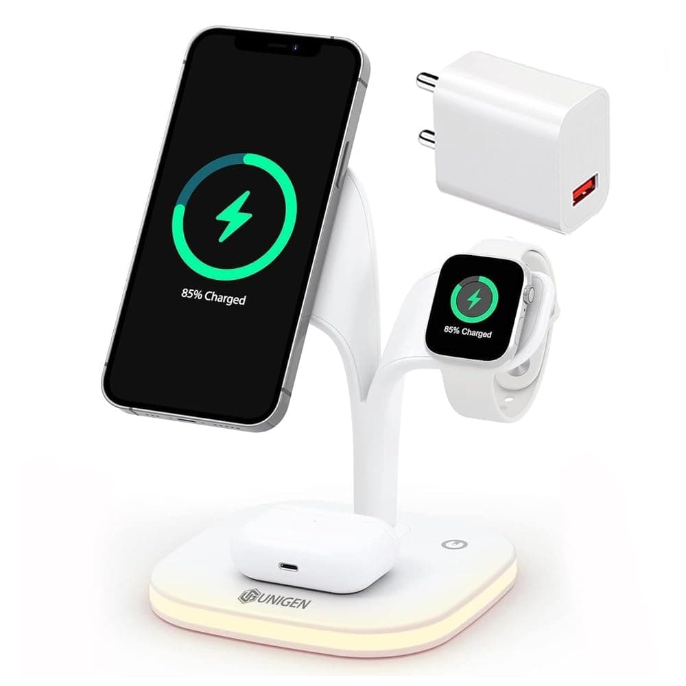 - UNIGEN® Magtec 500 4-in-1 23W Foldable MagSafe Charger with Adapter, Compatible with iPhone 17/16/15/14/13/12 Series, AirPods 2nd/3rd, and Apple Watch Series 9/8/7/6/5/4/SE with LED Lamp (White)
