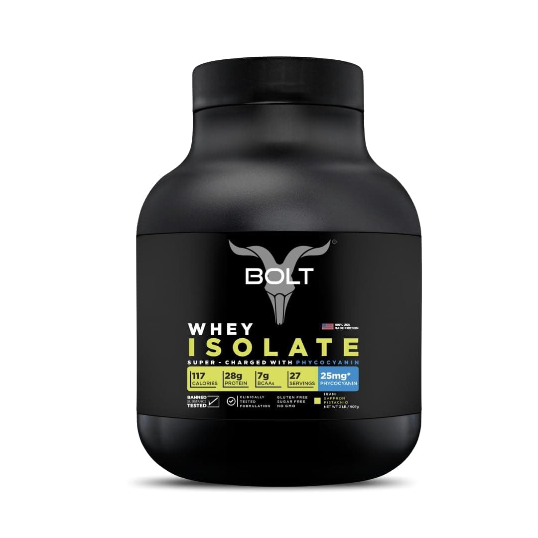 Bolt 100% Whey Isolate Powder| 28g Protein Per Scoop, 7G BCAA |Irani Saffron Pistachio | 27 Servings | 2lb,907G| Muscle Recovery | Lean Muscle Support | Low Carb | Fast Absorption |Gluten-Free | Easy to Digest