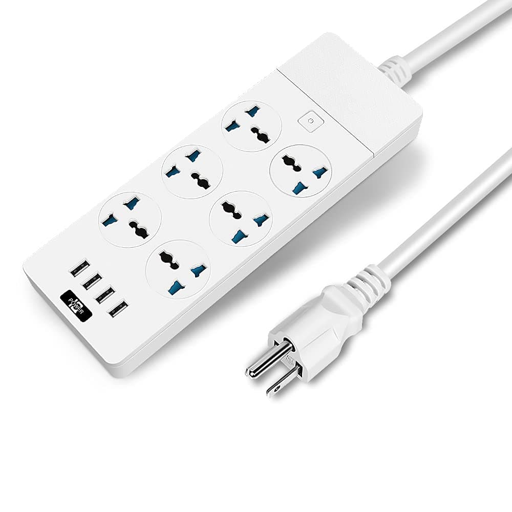 Universal Power Strip with 6 Oulets and 4 USB, 6.5ft Extension Cord 3000W Universal Power Strip Surge Protector 110V-250V Extension Lead for Home Office Dorm Room (White)