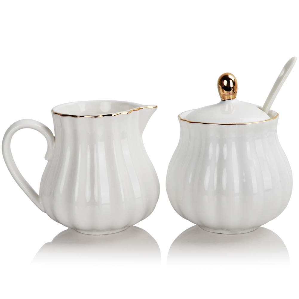 Sweejar Home Royal Ceramic Sugar and Creamer Set, 3 Piece Set with Cream Pitcher, Sugar Bowl, Sugar Set with Lid & Spoon, Coffee Serving Set Wedding Gift(White)