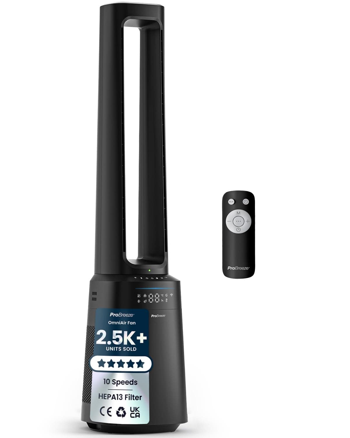 Pro Breeze® OmniAir 41" Bladeless Tower Fan with Air Purifier - Silent Standing Portable Circulator - Remote Control, WiFi, HEPA Filter, LED Display, 10 Fan Speeds, 5 Modes & 60° Oscillation