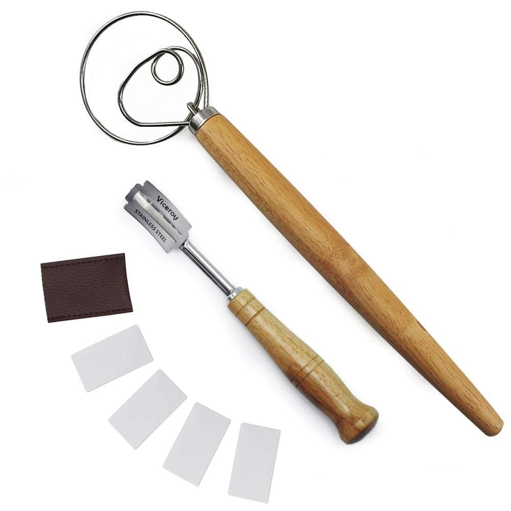 wood Bread Premium Hand Crafted Bread Lame w/ 5 Replacement Lame Bladesand and Dough Whisk set