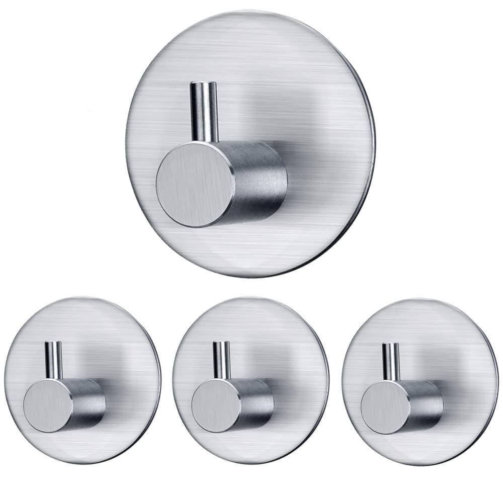 Adhesive Hooks Heavy Duty Wall Hooks Waterproof Stainless Steel Hooks for Hanging Coat, Hat,Towel Robe Hook Rack Wall Mount- Bathroom and Bedroom(Round)-4 Packs