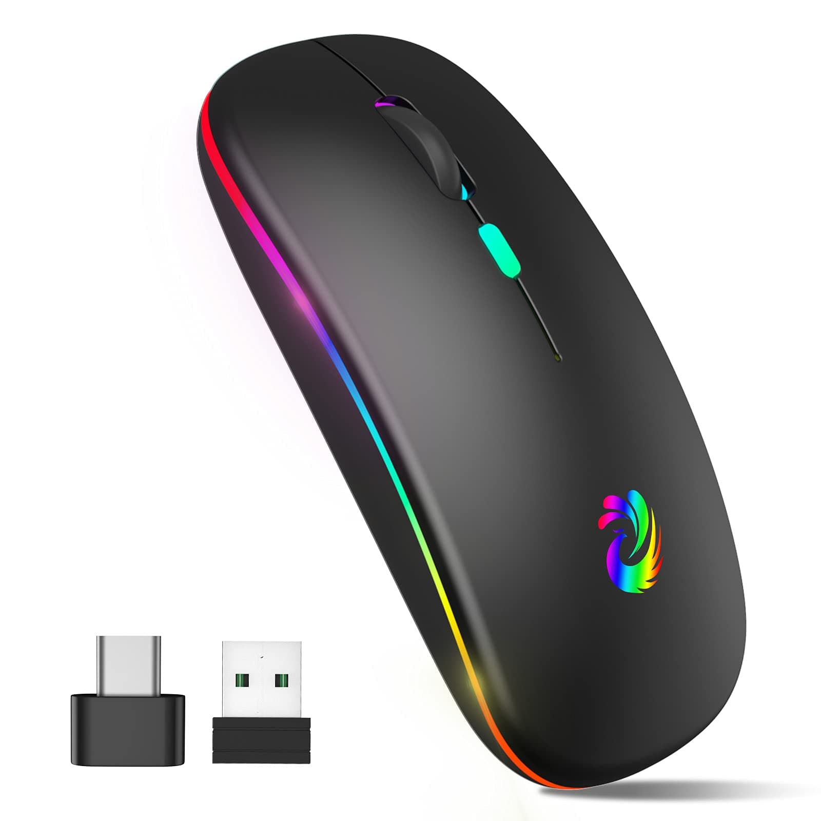 aMZCaSE LED Wireless Mouse, Rechargeable Slim Silent Mice 2.4G Portable Office Optical Mouse with USB Receiver and Type-C Adapter, 3 Adjustable DPI for Laptop, Computer, PC, Notebook, Desktop (Black)