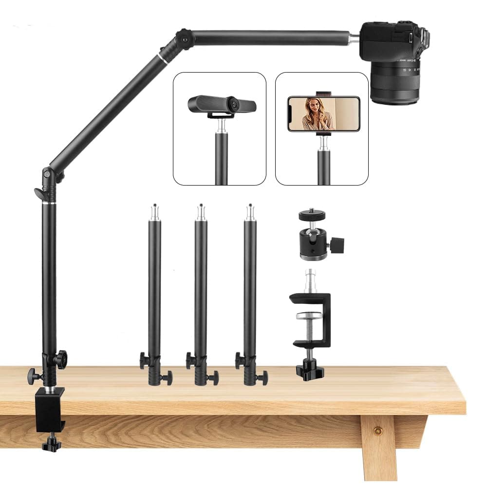 Heavy Duty Overhead Camera Desk Mount Stand 14.5"-41" with 1/4" Screw, 3-Section 360°Rotatable Detachable Articulating Boom Arm with Enlarged Handle C Clamp, Tabletop Light Stand for Streaming Vlog