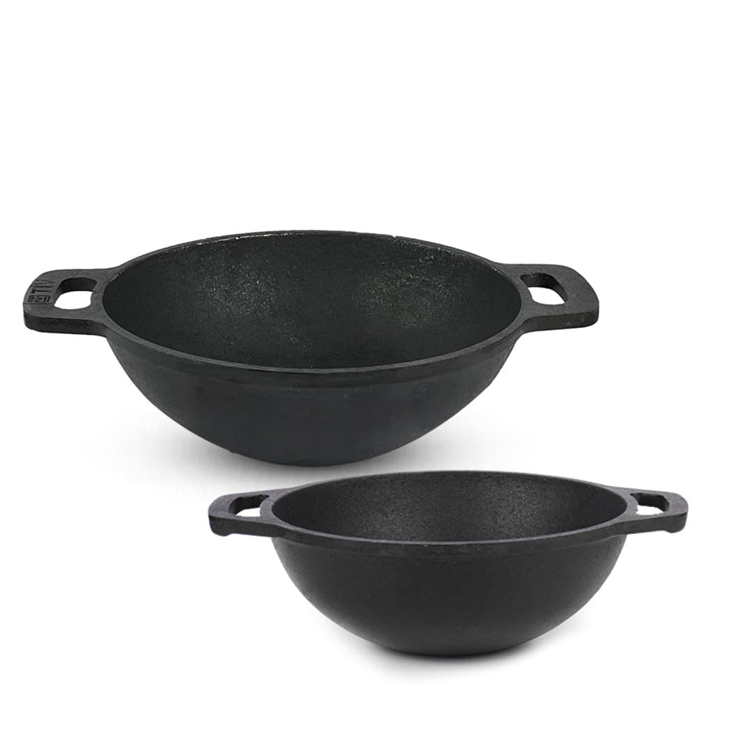 The Indus Valley Pre-Seasoned Cast Iron Cookware Set | Kadai (20.5Cm/ 1.4L) + Kadai (25.6Cm/ 2.4L) | Kitchen Cooking Combo Pots And Pans Set Of 2Pcs | Naturally Nonstick, Black