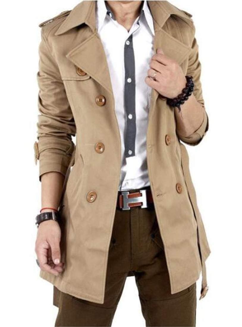 GESELLIEMen's Slim Double Breasted Trench Coat Belted Long Jacket Overcoat Outwear Khaki