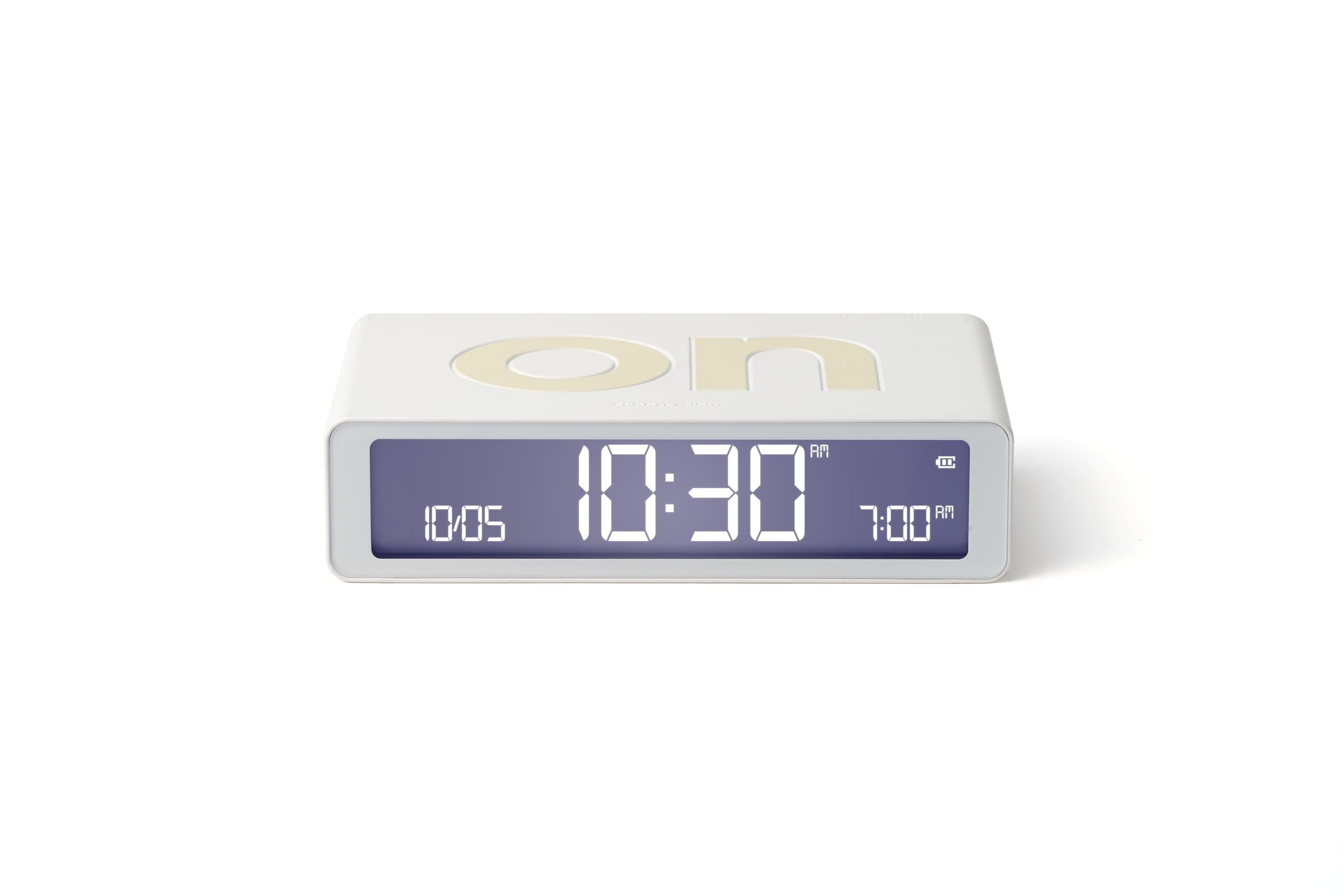 Flip Classic Luminous Morning Alarm Clock, Reversible with Faces on Off and Snooze Function, LCD Display and Touch Light, Rechargeable by USB-C - White