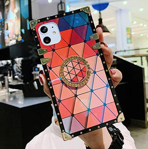 for Samsung Galaxy A70 Case,Luxury Square Design Cute Multi-Colored Rhombus Soft Trunk Cover with 360 Degree Rotation Finger Bling Diamond Ring Grip Kickstand Phone Skin,A