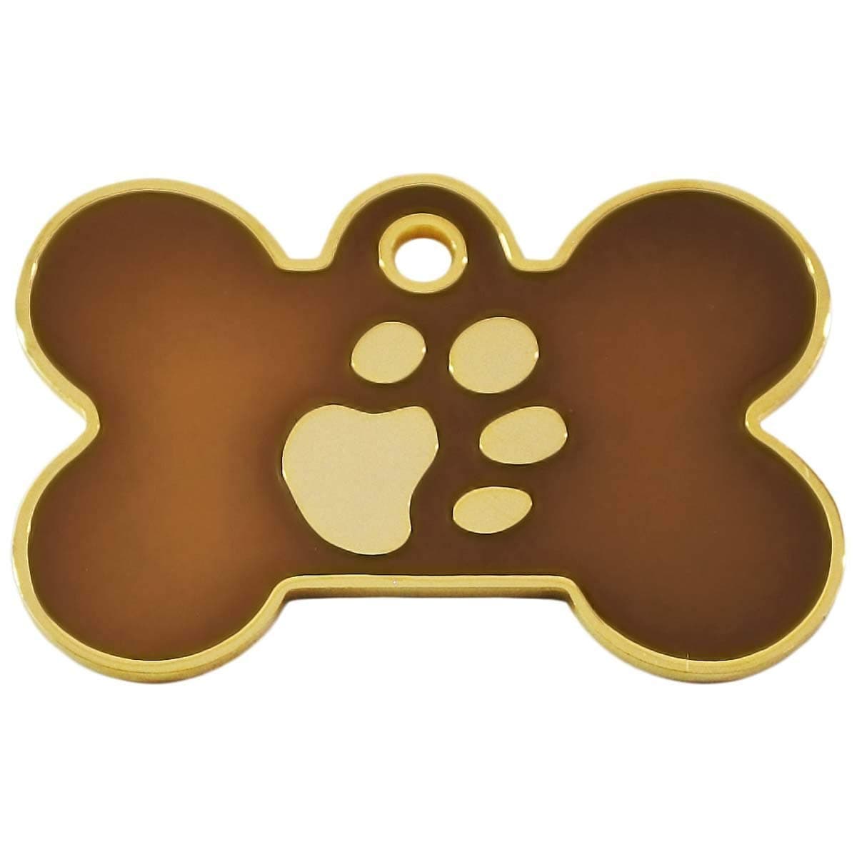 Surrey Feed LARGE BROWN BONE TAG with GOLD PAW PRINT DESIGN. Engraved Dog/Pet ID NAME Tag. Pet Fashion. PLEASE EMAIL US WITH ENGRAVING DETAILS WHEN PLACING YOUR ORDER