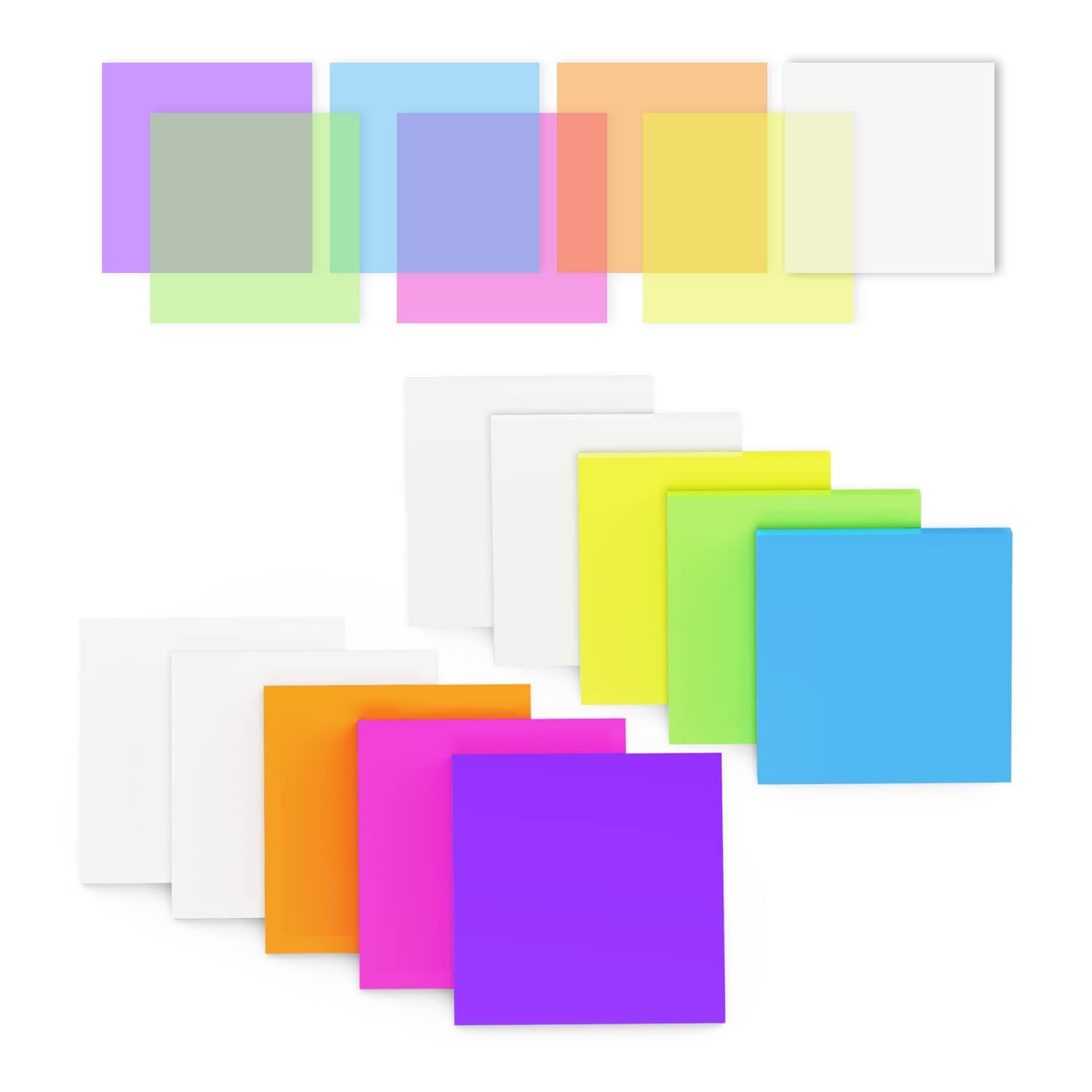 MIUTME Transparent Sticky Notes-500 Sheets Waterproof Translucent Color Memo Pad3 x 3 inch -50 Sheets Per Pad, 6 Colorful Pads,4 Transparent Scratch Pads,10 Pads in Total (7 Colors)
