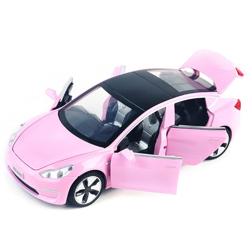 chengchuang 1:32 Scale Model 3 Car Toy Pull Back with Sound and Light, Alloy Diecast Mini Vehicles Toys for Kids Gift or Tesla Car Model Collection Enthusiasts Gift (Lovely Pink)