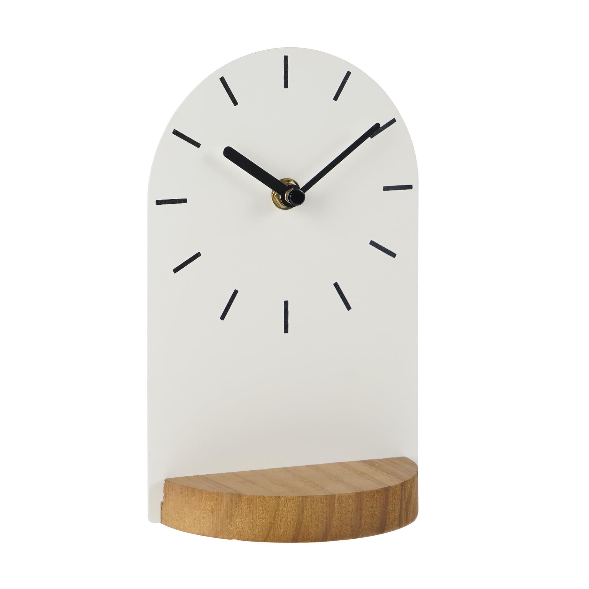 SOFFEE DESIGN One-Piece Table Clock Iron Sheet with Wooden Base Ins Style, Desktop Clock Non Ticking Battery Operated for Living Room Bedroom Home Decor, White