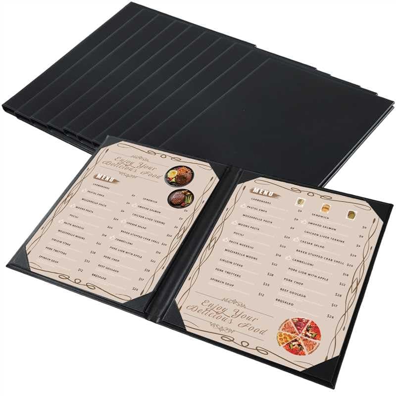 FLKQCRestaurant Menu Covers Holders 8.5" X 11" | Pack of 10 Synthetic Leather Double View Menu Holder Covers Book Style with Angled Corners Black for Wine List (10, 2 View (8.5" x 11"))