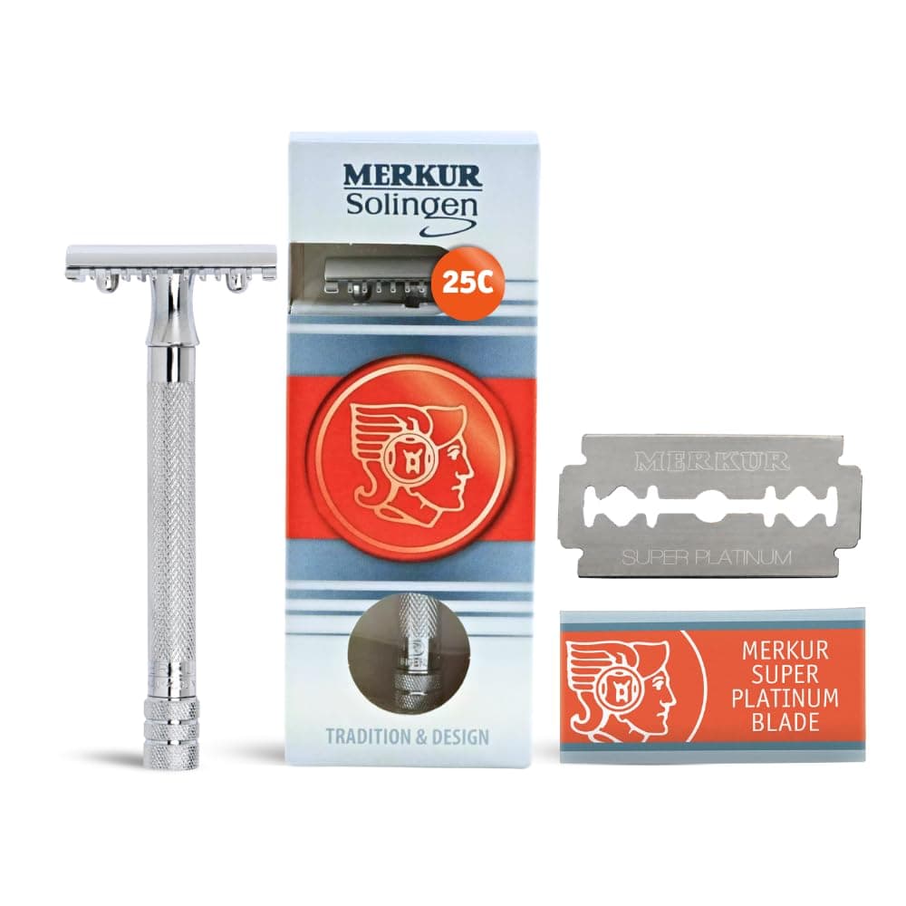 25C Double Edge Safety Razor in Bright Chrome with an Open Comb Design, Long Handle, Made in Germany, Plastic-Free, Three-Piece Design, and Straight Bar