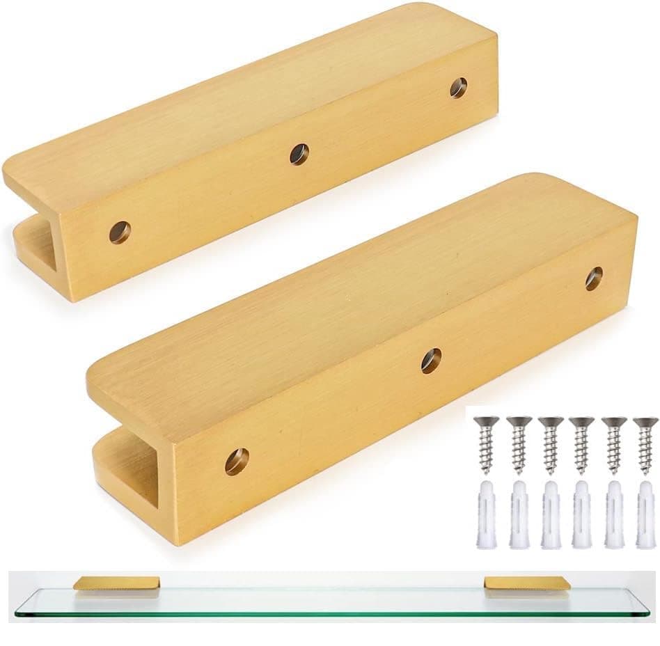 LukLoy Solid Brass Glass Shelf Bracket with 3 Screw Holes, Adjustable Shelf Glass Clip for 6mm-10mm Glass (Brush Gold, Pack of 2)